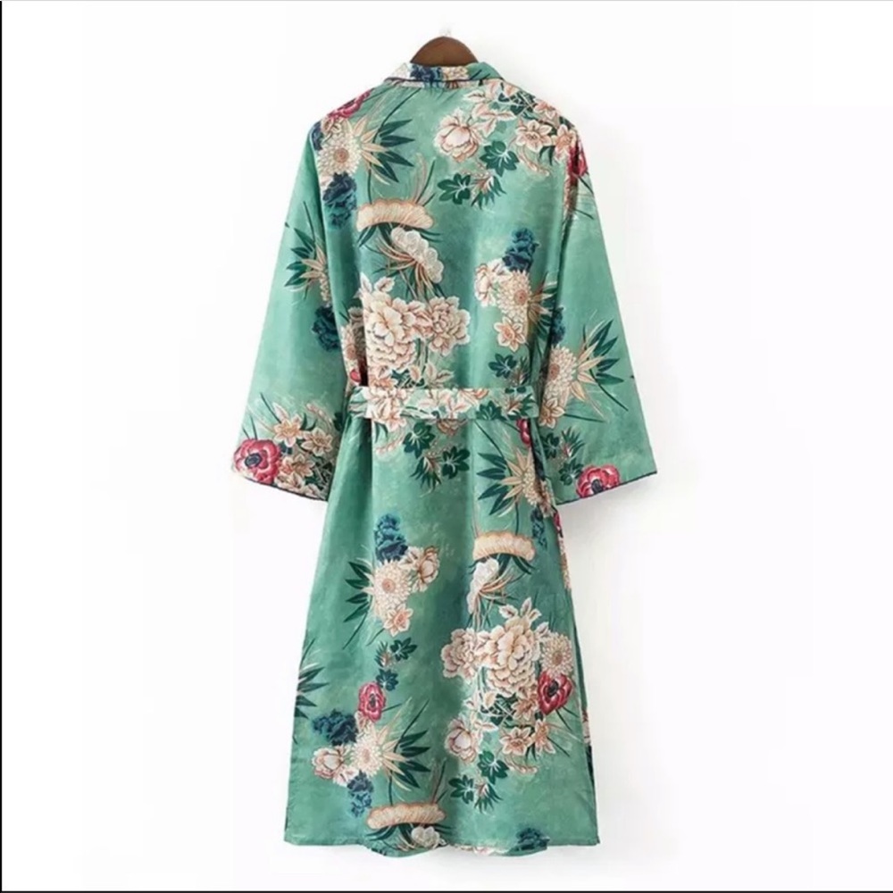 Floral Print Satin Kimono Cardigan Maxi Coverup - Picture 3 of 8